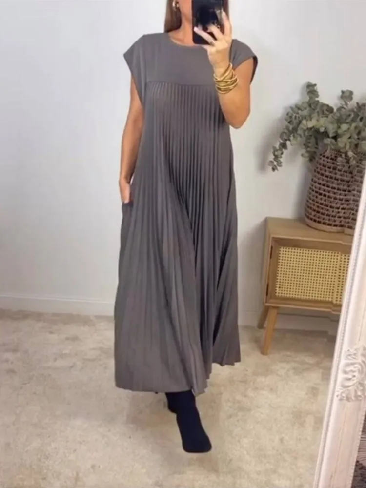 

Summer Women Solid Color Loose Pleated Dresses Fashion Casual Round Neck Sleeveless Long Dress Female Side Double Pockets Gown