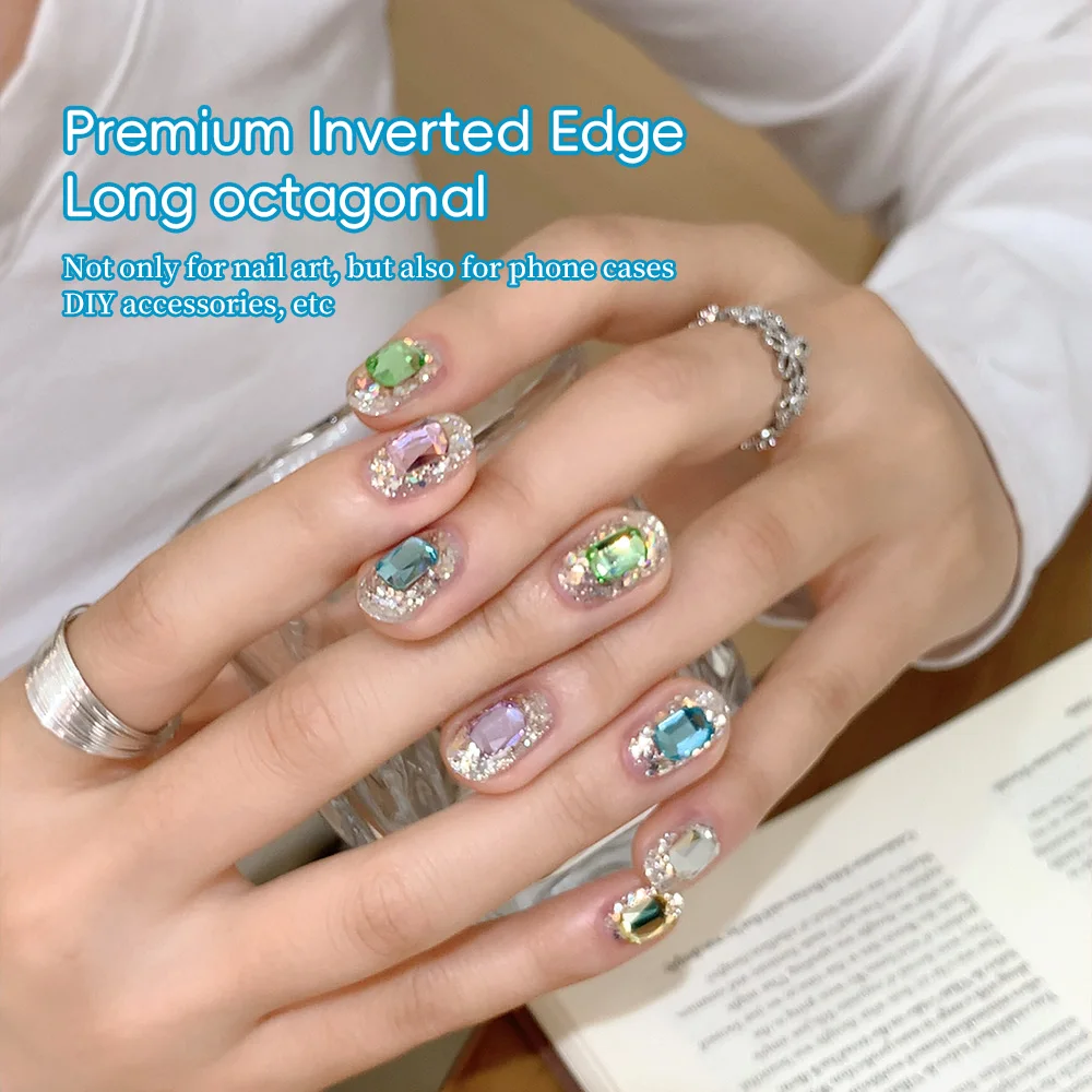 Sparkling Candy Color Octagon Cut K9 Nail Rhinestone Octagonal Nail Glass White Bottom Rectangular Crystal Fingertip Decor 10PCS