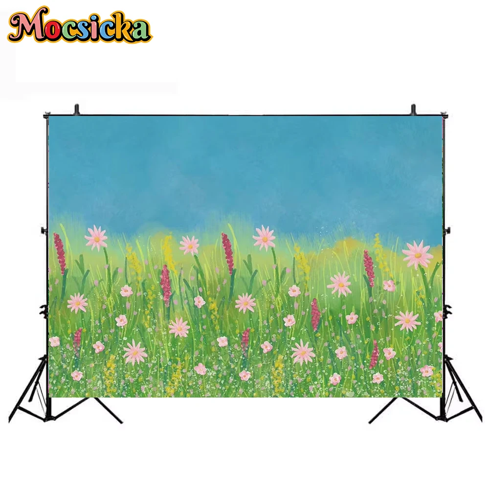 

Spring newborn baby backdrop for photography green grass oil painting background for photo studio flower rabbit vinyl floor prop