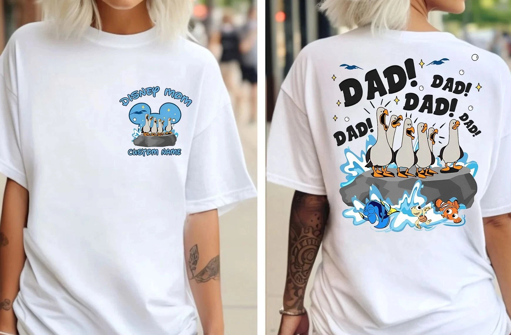 Disney mujeres hombres 2 caras Pixar encontrar Nemo gaviota papá camisa personalizada Día del Padre camiseta Disneyland viaje familiar camiseta