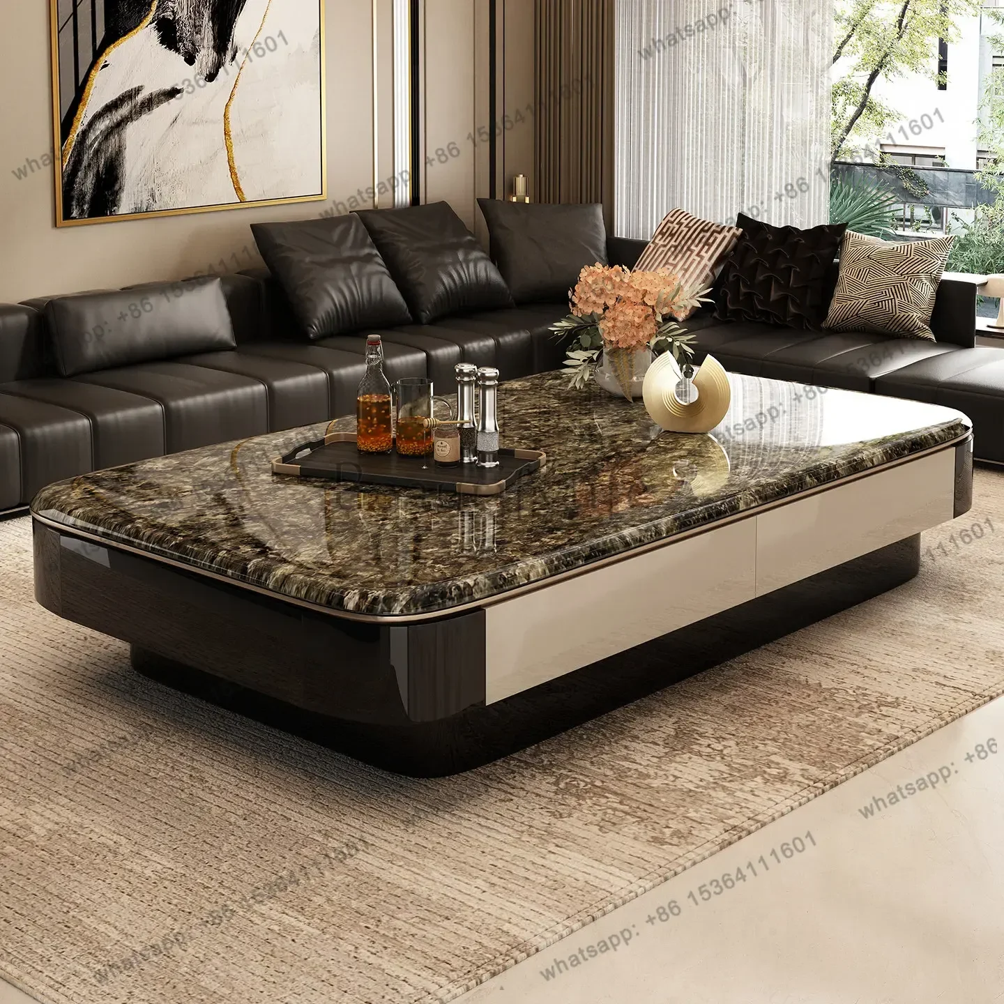 YJ Black Microcrystalline Stone Coffee Table Raised 45cm Italian Minimalist Luxury Living Room Large Space 1.5m Long