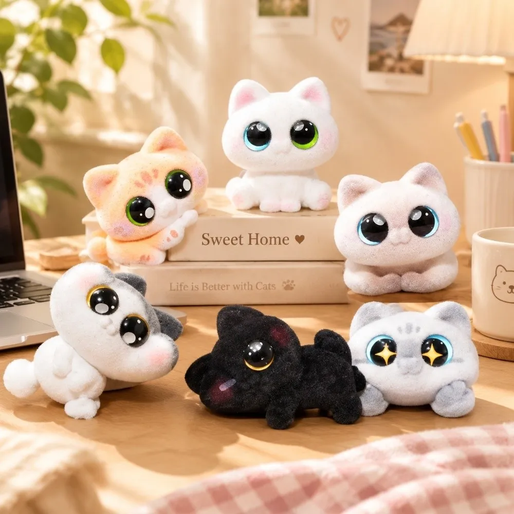 Lightweight Cat Lying Figurine Soft Texture Flocked Surface Big Eye Cat Ornament Compact Size Lying Pose Kawaii Desk Figurine