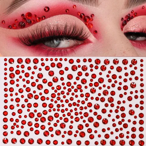 1Pcs 3D Red Gems Face/Eye Tattoos Stickers Disposable Shiny Rhinestones Self-Adhesive Sticker for Party Makeup Stage Show Decor