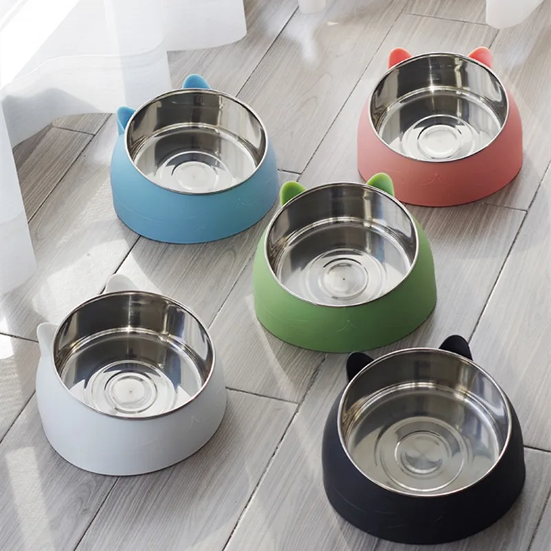 1pc Stainless Steel Cat Lovely Creative Inclined Kitten Puppy Food Feeding Bowls Cats Drinking Feeder Pet Dogs