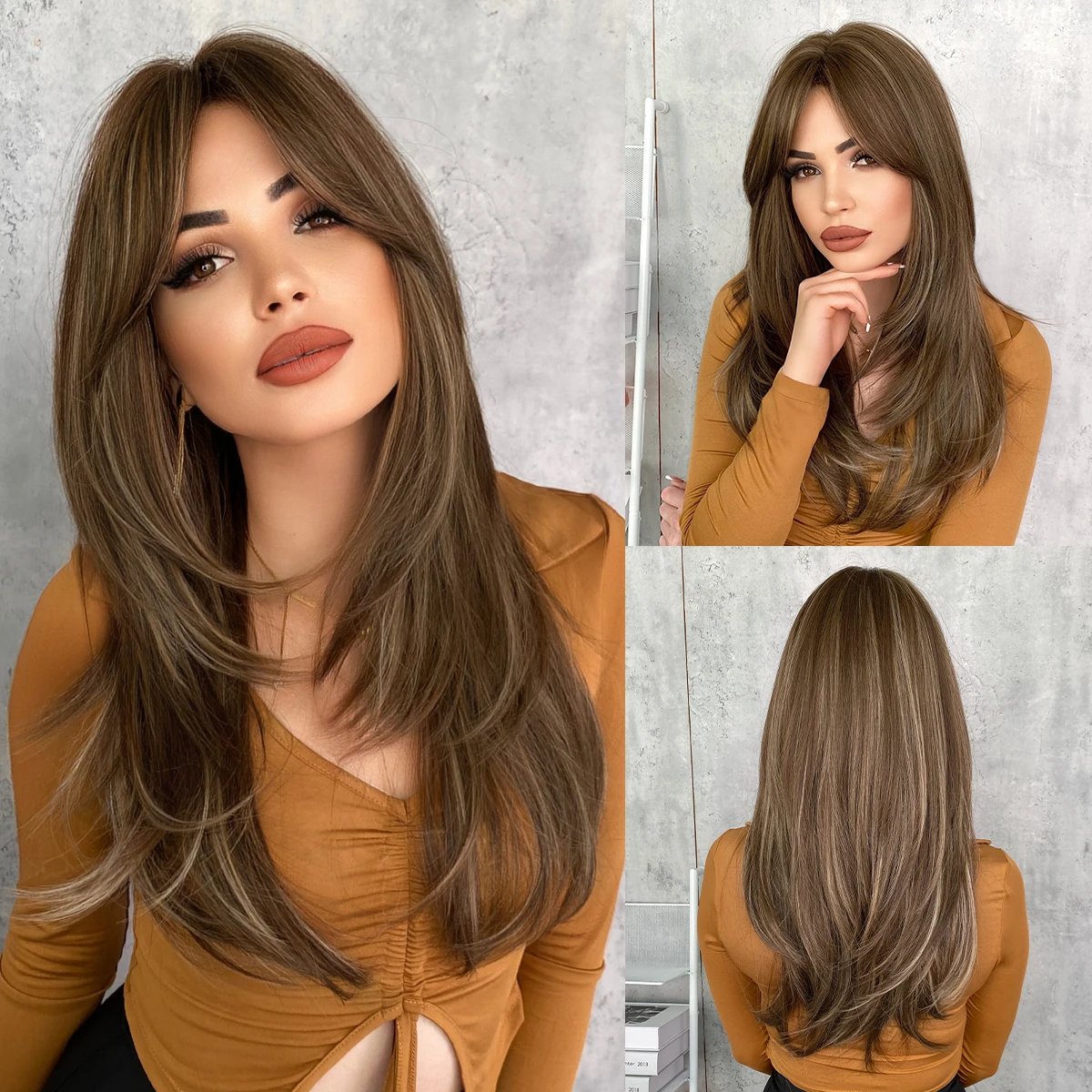 NAMM Long Straight Honey Blonde Wig for Woman Daily Cosplay Wig Synthetic Layered Hai Wigs for Daily Use Heat Resistant Fiber