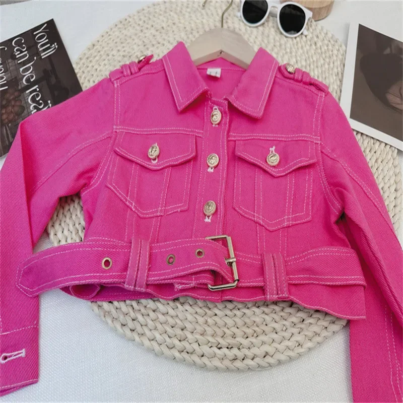 

Girls' Rose Red Deinm Coat Spring and Autumn Solid Color Collar Metal Buckle Jacket Children's Fashion Short Coat 100-170CM