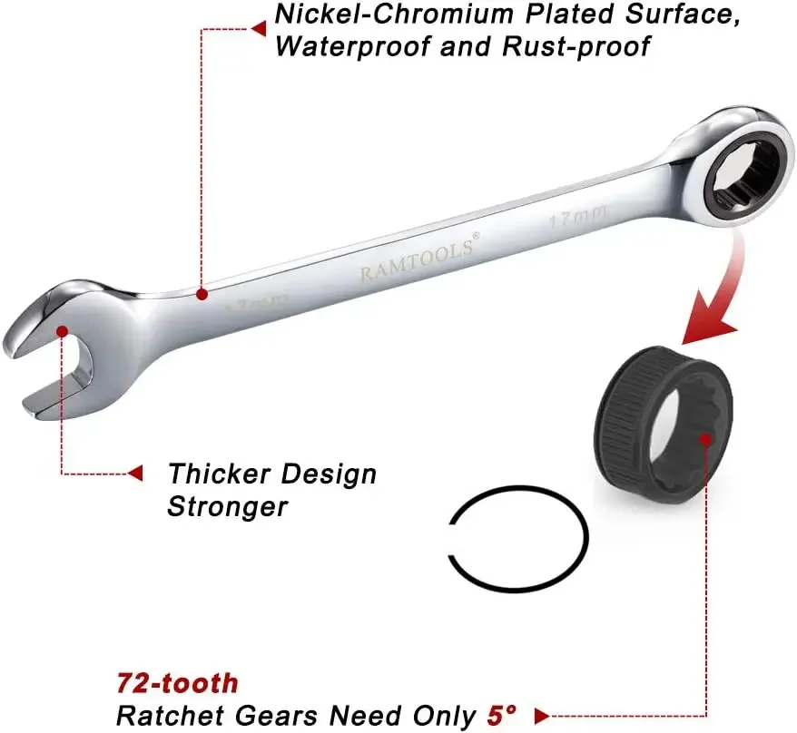 24-Piece Ratchet Wrenches Chrome Vanadium Steel Ratcheting Wrench Set with Metric and SAE 72-Tooth Box End