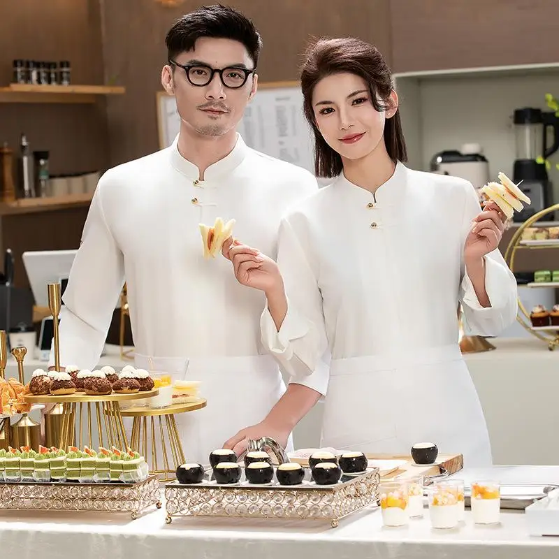 Chinese Style Buckle Chef's Work Clothes Men Awomen Chinese Restaurant Bakery Cake Shop Chef's Work Clothes Embroidered Printed
