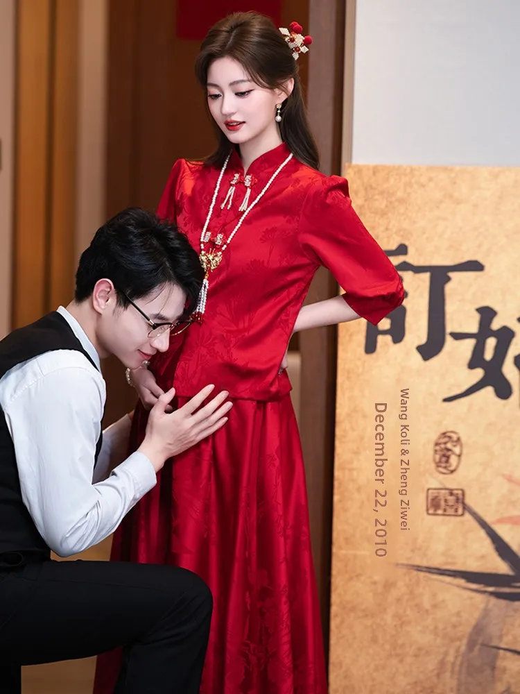 

Red Chinese Sle Materni Qipao Wedding Dr Set High Waist A-Line Skirt Lantern Sve Embellied Materni Formal Wear