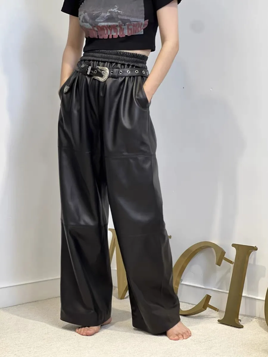 

Baggy pants Women Elegant 2024 New Fashion Y2k Style Genuine Leather Wide Leg Pants Women High Waist Trousers Loose