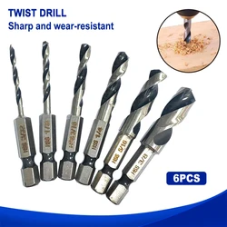 6pc High Speed Steel Hexagonal Shank Integrated Twist Drill British System Woodworking Drill Two Edge and Two Slot Drilling Tool