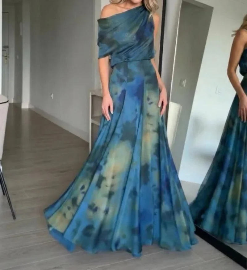 Elegant Blue Ombre Tie-dye Printed Off Shoulder Maxi Dress Satin Cowl Neck Tie Draped Dresses Party Wedding Luxury Evening Gowns