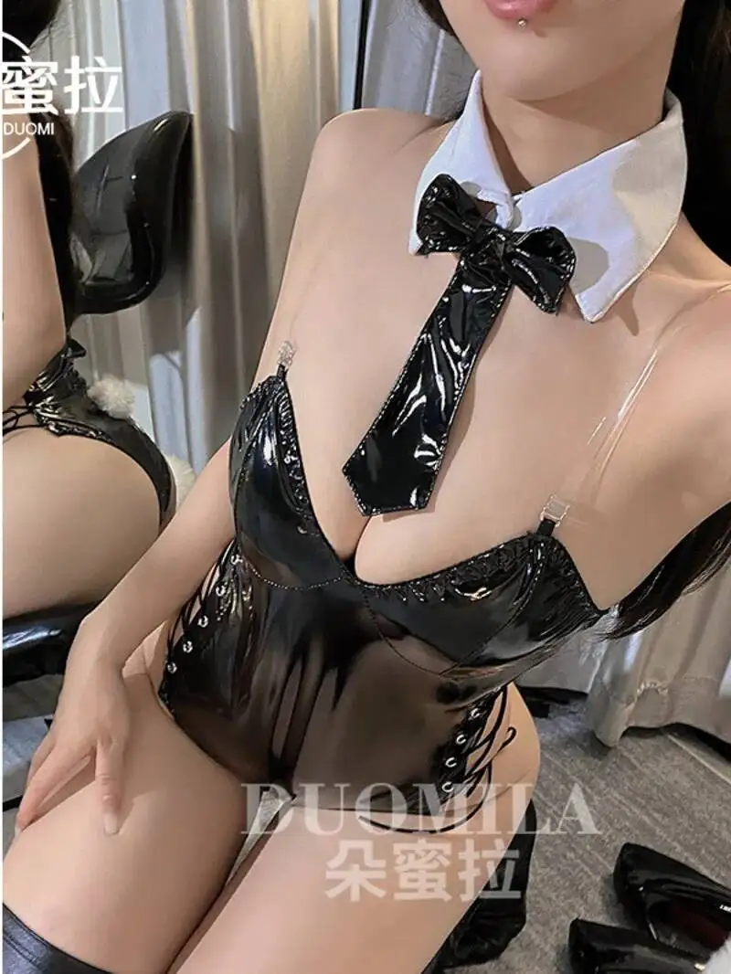 Underwear Women's Sexy Lacquer Skin Hot Jumpsuit Side Hollow Tie Rabbit Girl Uniform Women Tops Rompers Clothing Body Suits D2WL