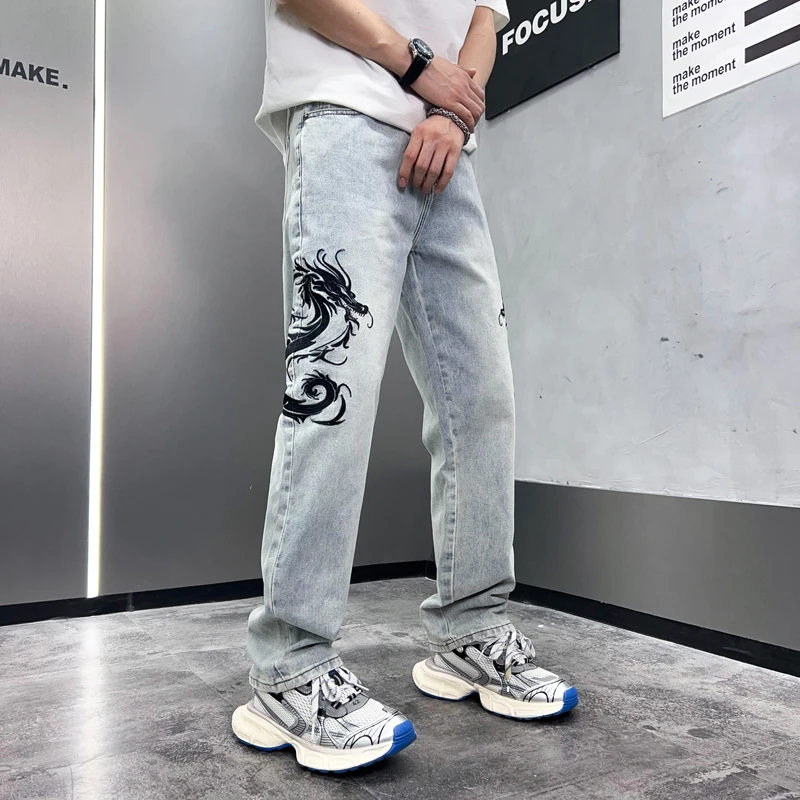 Y2K new personalized embroidery men's jeans loose Korean version of the animal pattern straight jeans wide-leg pants men's pants
