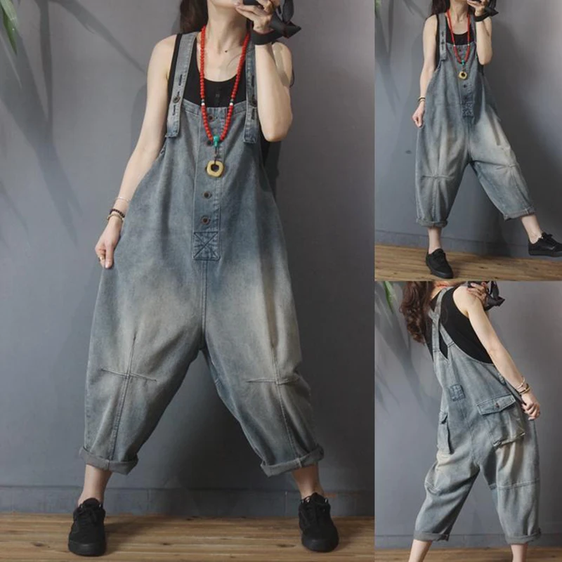 Retro casual denim overalls women autumn and winter high waisted fashionable and versatile personalized and loose carrot pants