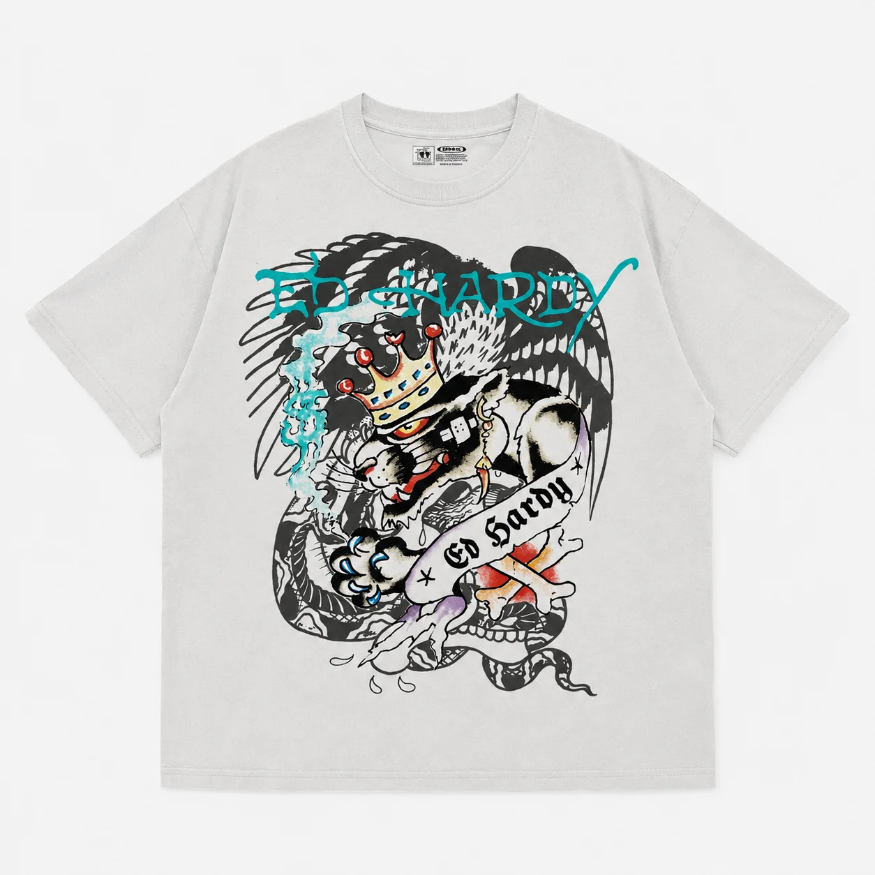 Ed Hardy T-Shirt mit gekröntem geflügeltem Panther, Schlangen- und Kreuzbein-Print, Unisex, locker geschnitten, Oversized, Harajuku Streetwear, Baumwolle – Detail 5