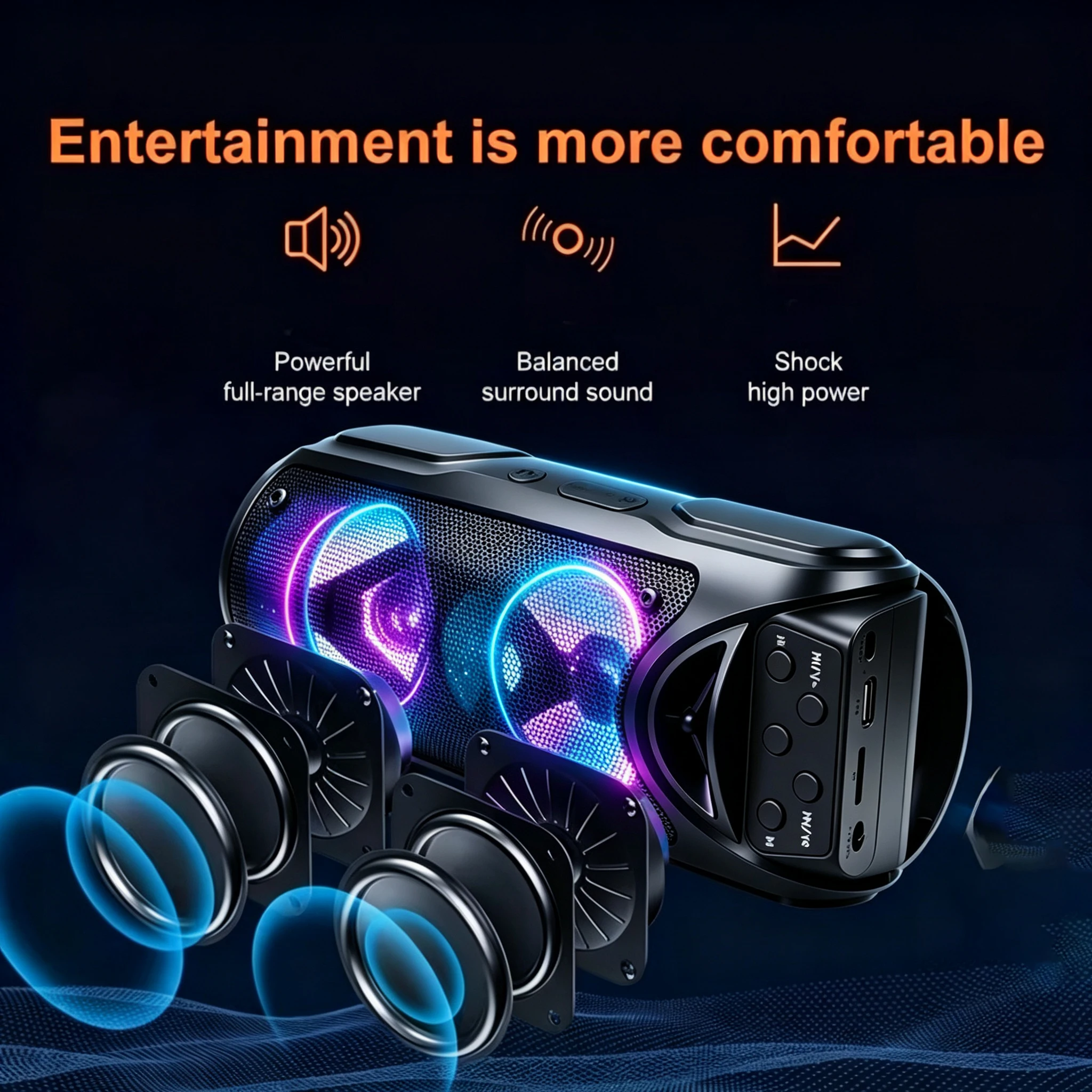 Portable wireless Bluetooth speaker with  multi-mode colorful lights. Supports TF card, USB Type-C port and FM radio. Suitable for parties, outdoor camping, square dancing and other occasions. A lovely gift.