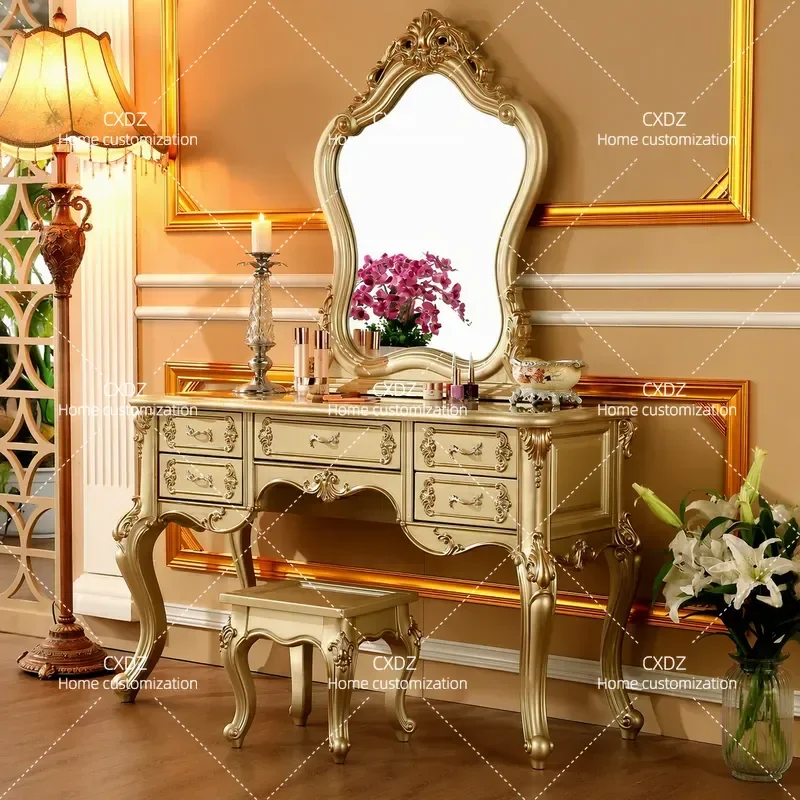Solid Wood Dresser with Mirror Champagne Gold Engraved Makeup Table Vanity Set for Bedroom Princess Style American Villa