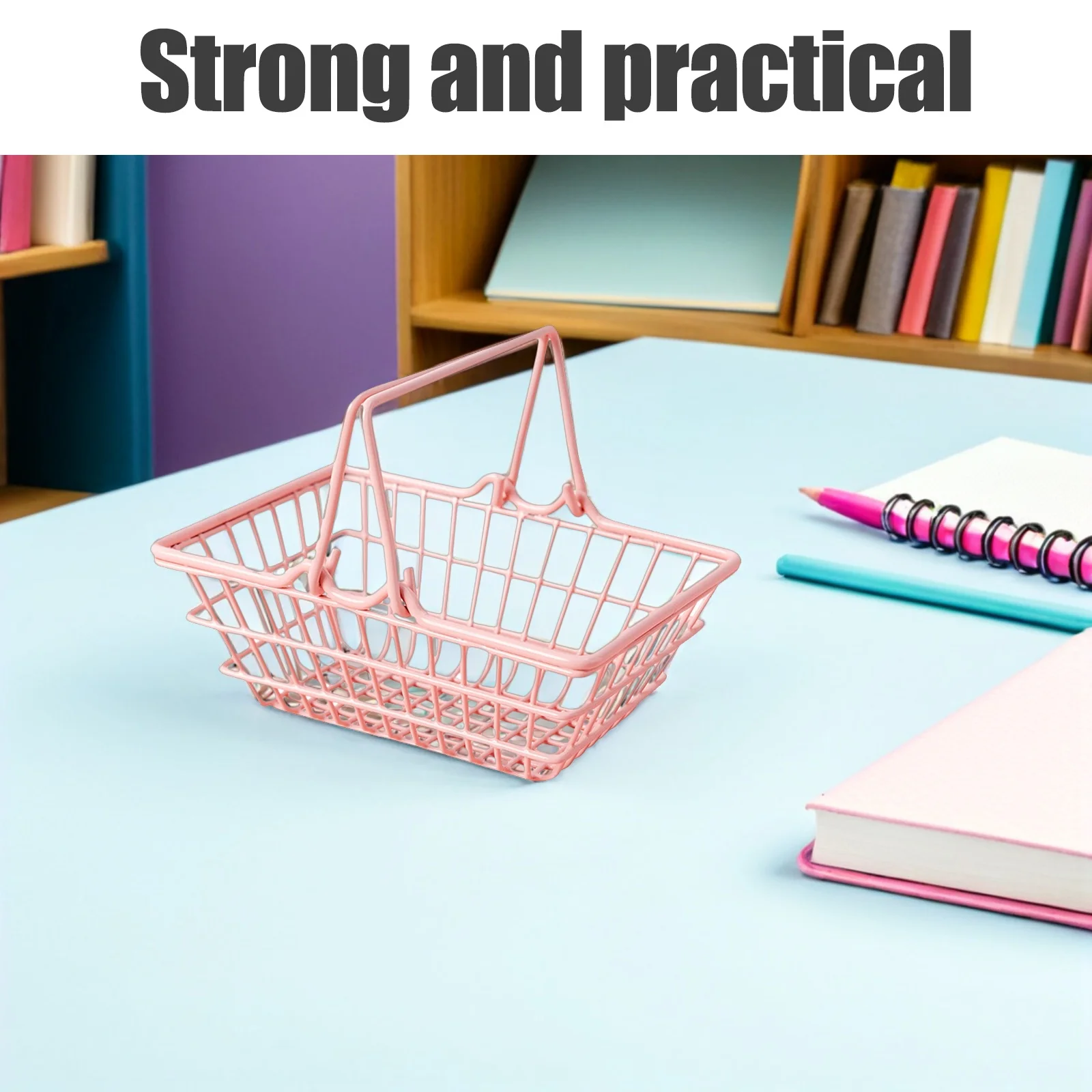 

Pink Mini Shopping Basket Sturdy Small Sundry Storage Organizer Fashionable Photo Prop Miniature Shopping Basket Home Use