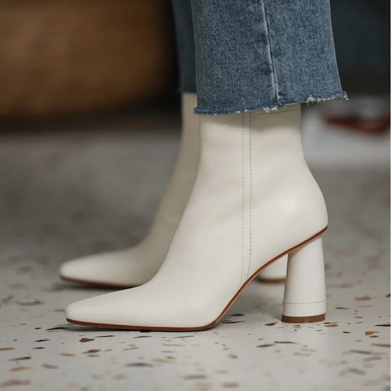 Thick Heel Ankle Boots Modern Woman Shoes Cowhide Winter Boots Simple Style Women Shoes Side Zipper All Match Ladies Retro Shoe