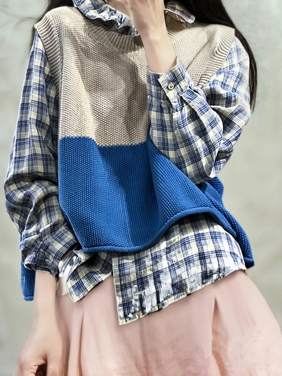 الكورية Sle عارضة اللون بلو فضفاضة تناسب القطن محبوك سترة سترة المرأة Faion ملابس خارجية مريحة للتنفس #1