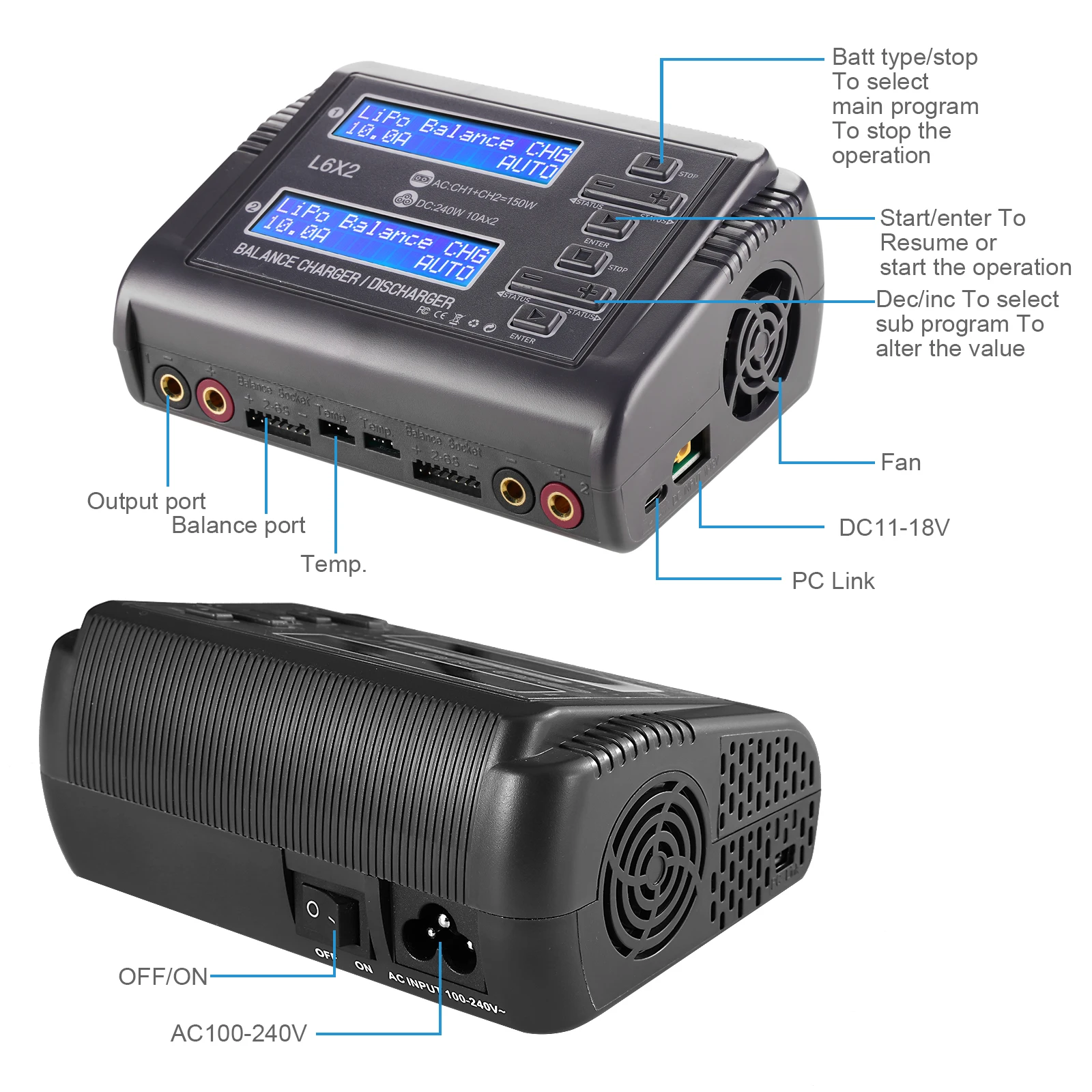 Nabíječka L6 DUO LiPo baterií AC 150W DC 240W 10A dvoukanálová DC RC vybíječka pro LiPo, LiHV, LiFe, Li-Lon, NiCd, NiMh, PB baterie - náhled 6