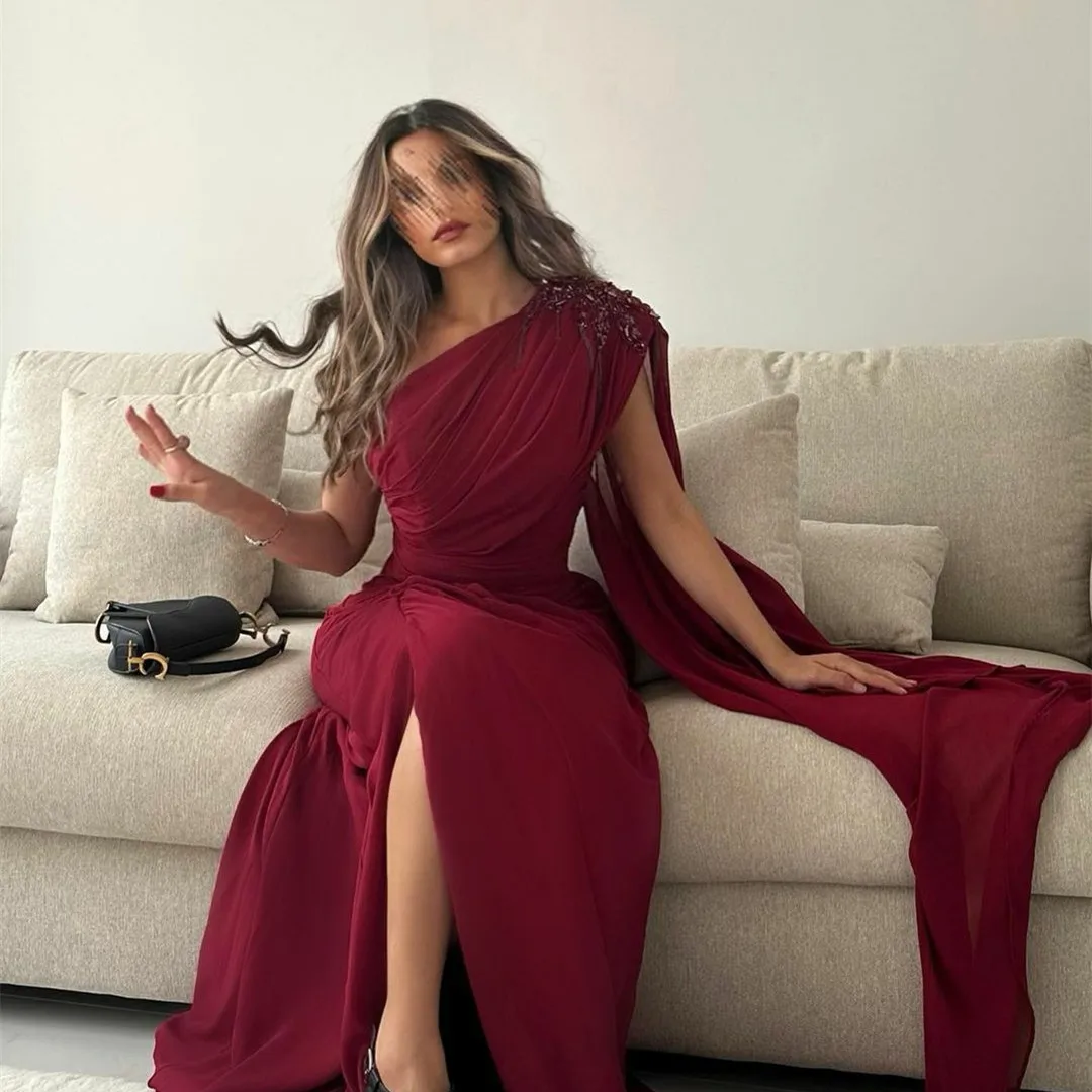 

AsaNagi Red Long Chiffon One Shoulder Evening Dresses Sweep Train Mermid Side Slit Pleated فساتين سهرة Women Formal Prom Dress