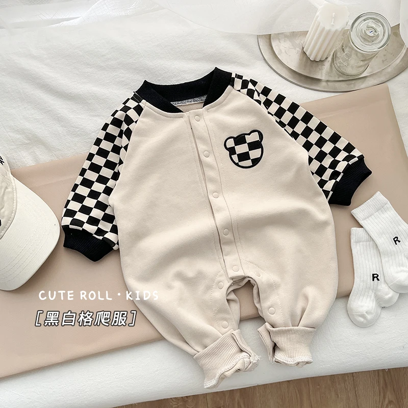 

Jenny&Dave 2023 Spring and Autumn Infants Long Black and White Checkered Creeper for Boys and Girls Cute and Handsome Long Sleev