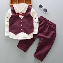 Baby boy clothing suit Spring and Autumn baby solid color V-neck vest vest+casual leggings+bow printed shirt 3cps suit