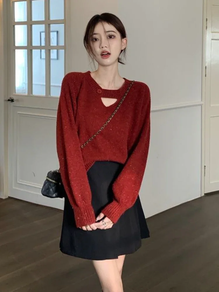 Maglione lavorato a maglia a maniche lunghe spesse dal design scavato da donna stile coreano nuovo arrivo capispalla allentati ritagliati estetica tutto-fiammifero