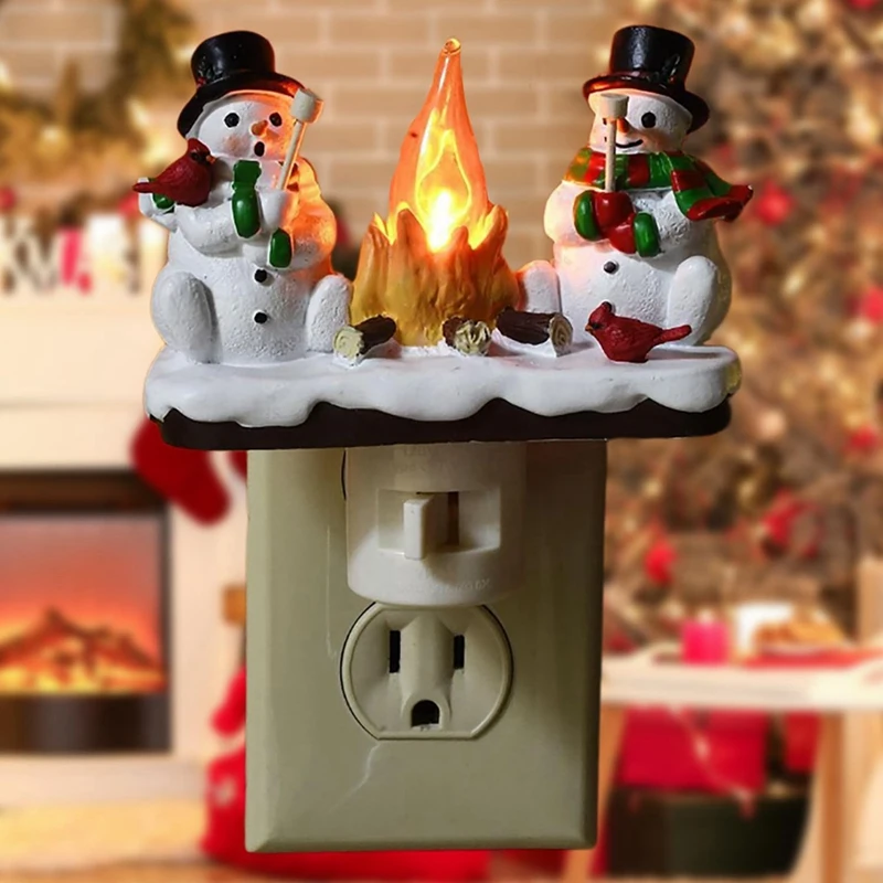 Snowmans And Campfire Night Light  Indoor Flickering Nightlight Decoration 3D LED Small Faux Campfire Night Light  US Plug