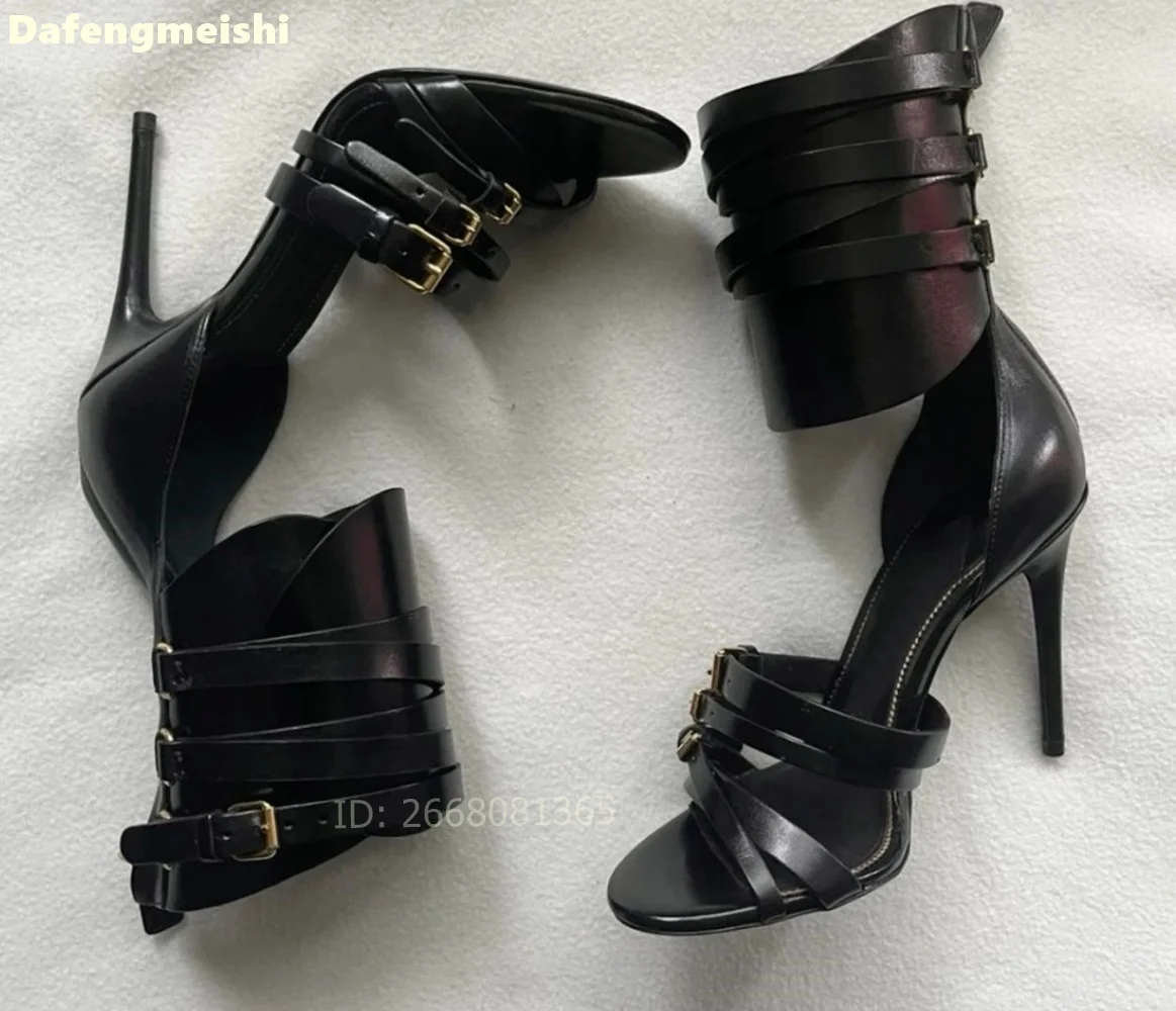 

Women Brown/black Crocodile Embossed Multi Buckle Strappy Stiletto Heel Ankle Cuff Sandals 2026 New Fashion Catwalk Summer Boots