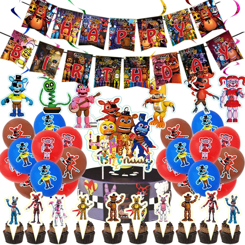 FNAF Five Nights Freddyed Birthday Party Supplies Disposable Tableware Balloon Cake Topper Backdrop for Kids Boys Baby Shower