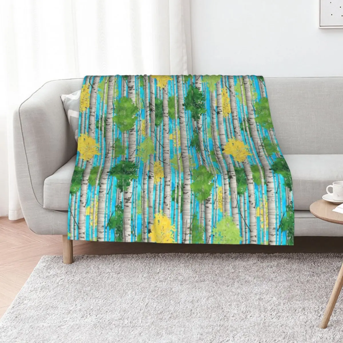 Watercolor Birch Trees Pattern Throw Blanket Flannel Fabric Winter beds Flannel Camping Retros Soft Big Blankets
