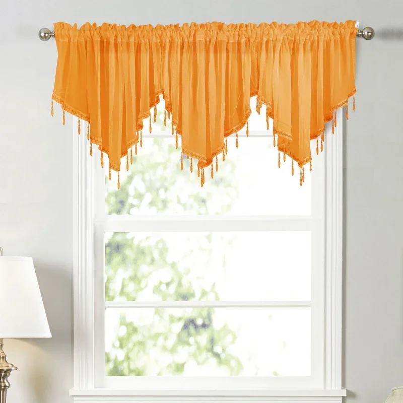 

Solid Color Triangle Shape Short Curtain Rod Pocket Window Half Voile Curtain Beads Tassels Cafe Bar Kitchen Decor Half Curtain