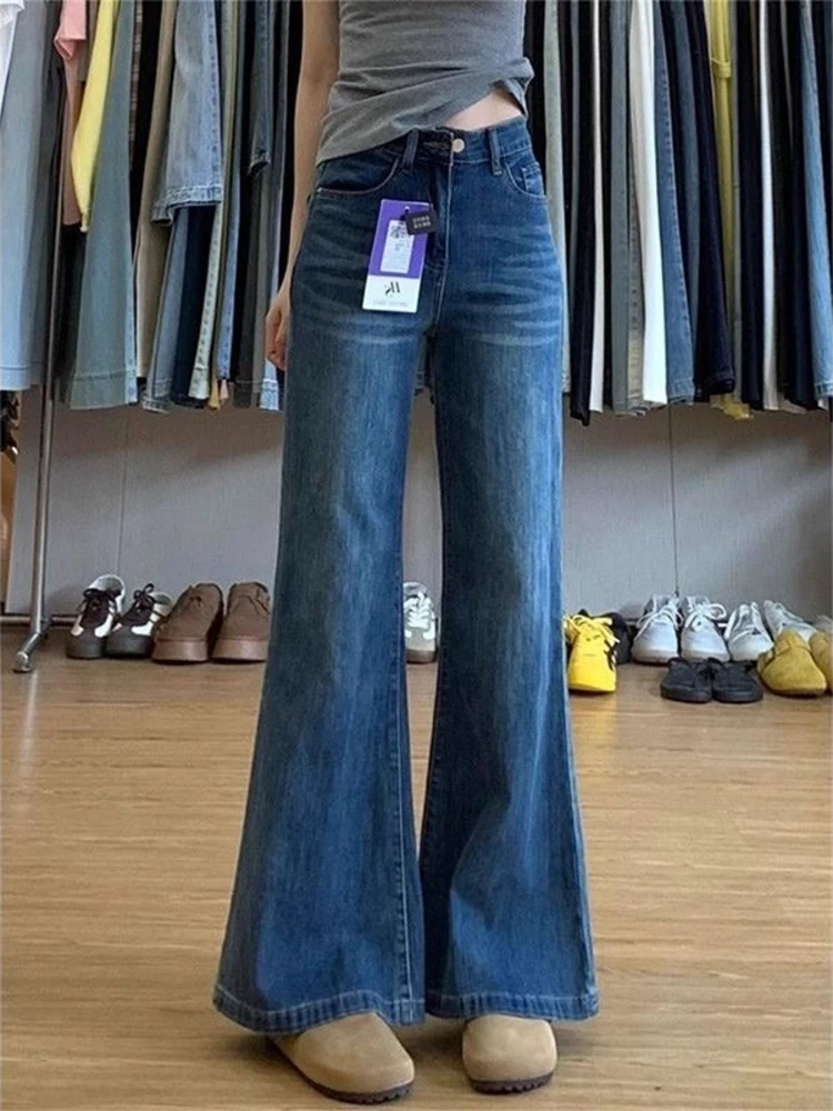 

Deep Blue American Retro Bell Bottom Jeans Women's Loose Fit High Waist Wide Leg Pants Casual Comfortable Wear for Spring