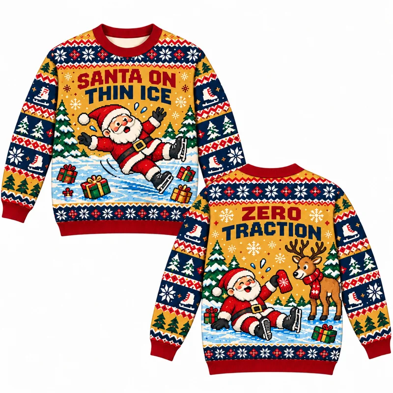 Ugly Christmas Sweater Men Santa Chimney Error Gone Fishing Funny Santa Print Crewneck Long Sleeve Holiday Party Pullover