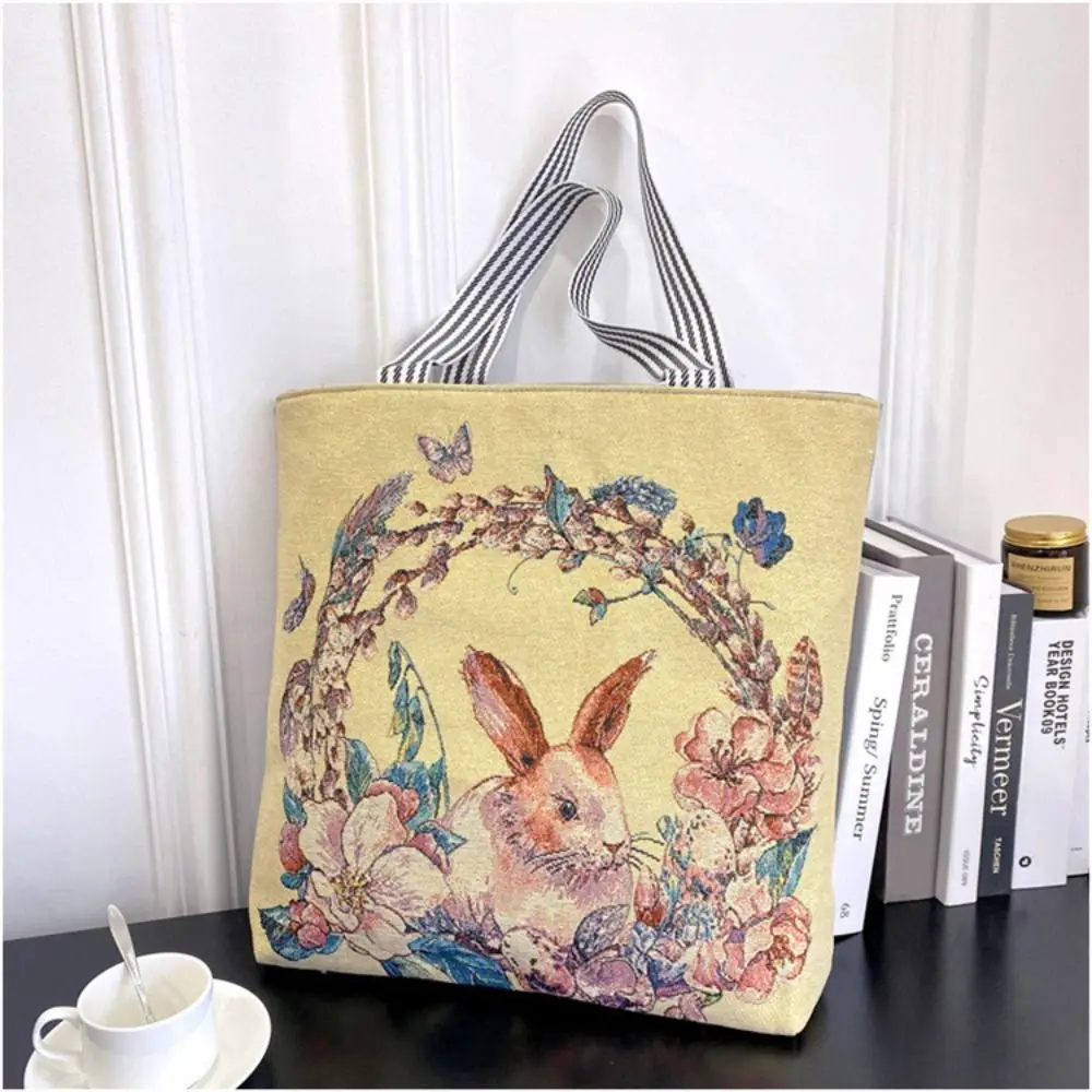 Embroidery Ethnic Style Handbag Dog Large Capacity Cute Cat Cloth Bag Rabbit Tote Bag Animal Shoulder Bag Grocery Handbags