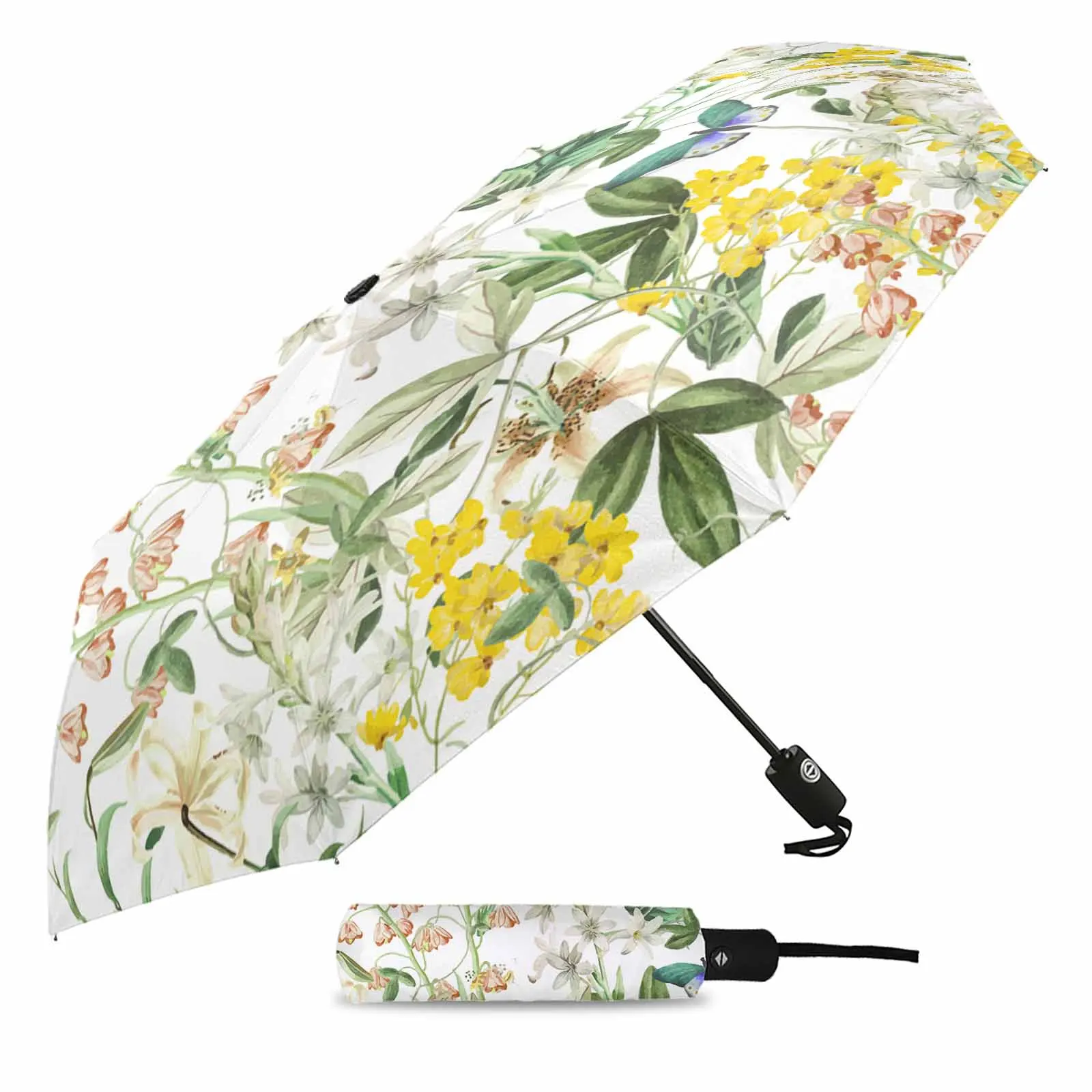 Plant Flowers Leaves Butterfly Automatic Umbrella Travel Folding Umbrella Portable Parasol Windproof Umbrellas