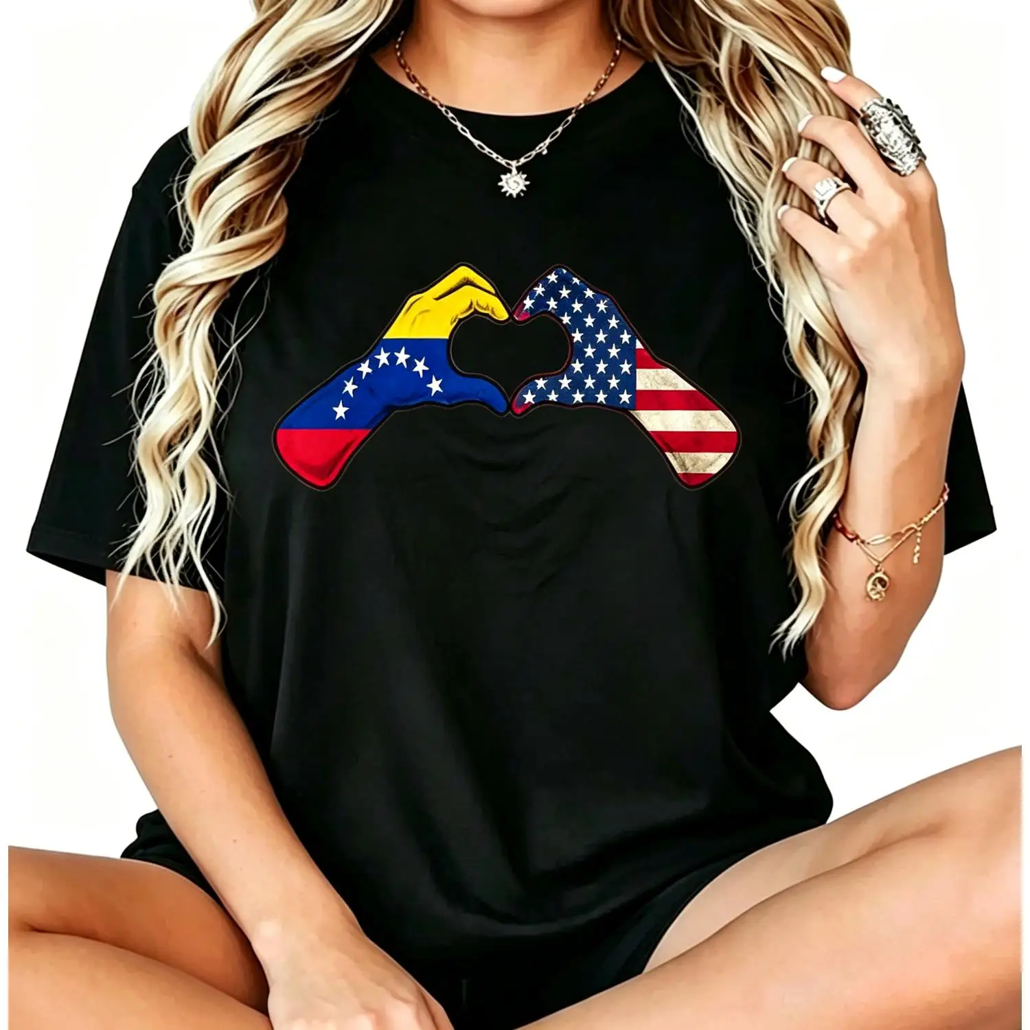 Venezuela American USA Flag Heart Design Cotton T-shirt featuring National Flag Symbols for Cultural Pride and Trendy Casual Wear