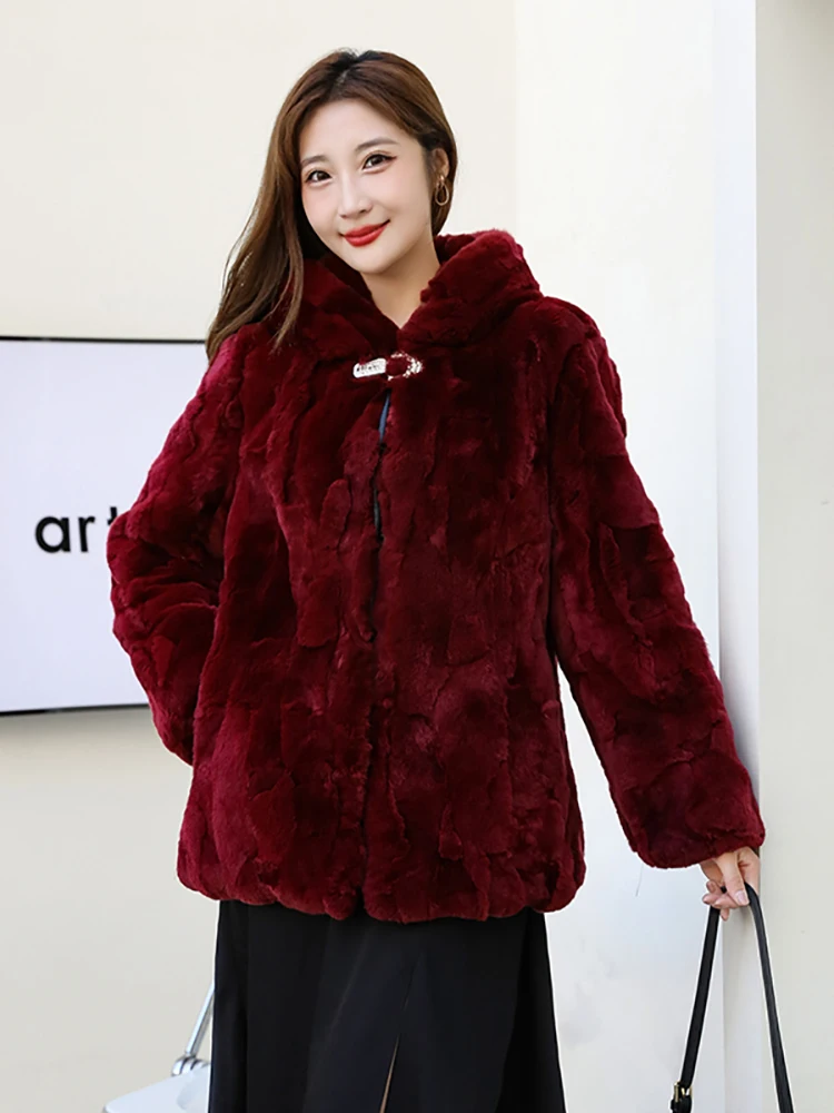 Winter Women\'s Real Fur Coat Loose Top Rabbit Fur Jacket Hood Women Clothing Fluffy Furry Natural Fur Jackets With Pockets Parka