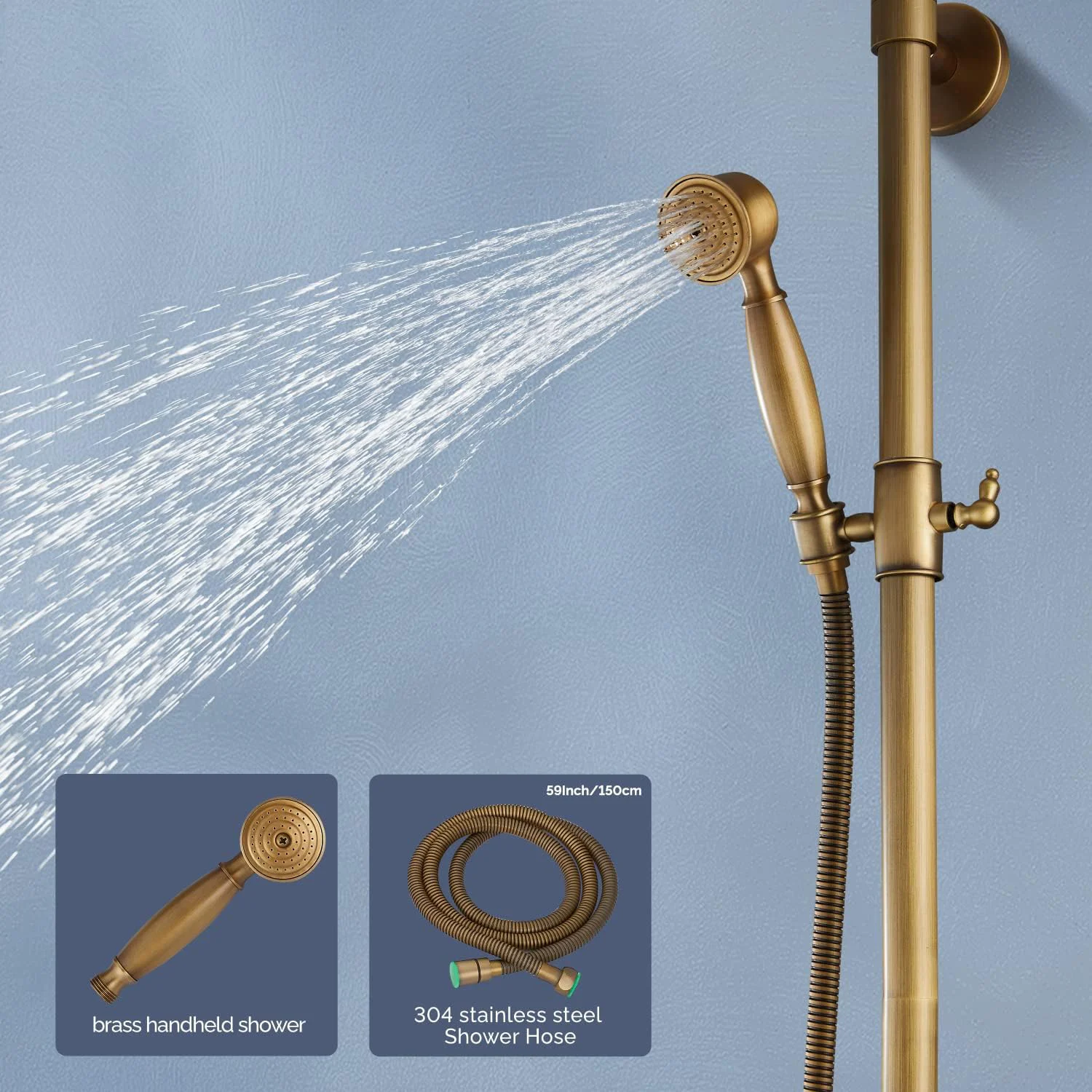 KEMAIDI Antique Shower Set Bathroom Bath Shower Faucet W/Shelf Rainfall Brass Hot Cold Water Mixer Tap Sliding Bar Shower System