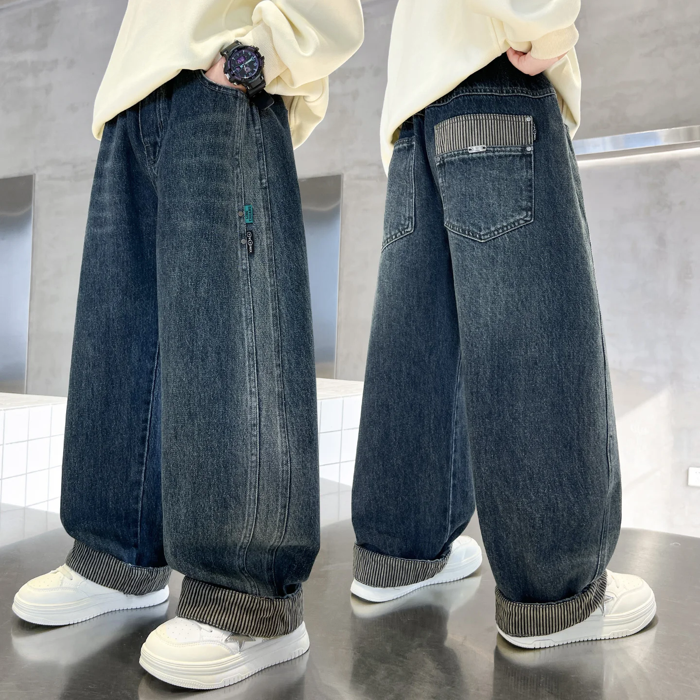 Spring Autumn Teenage Boys Jeans Fashion Loose Straight Denim Pants For 4-16 Years Kids Casual Clothes Children Outdoor Trousers