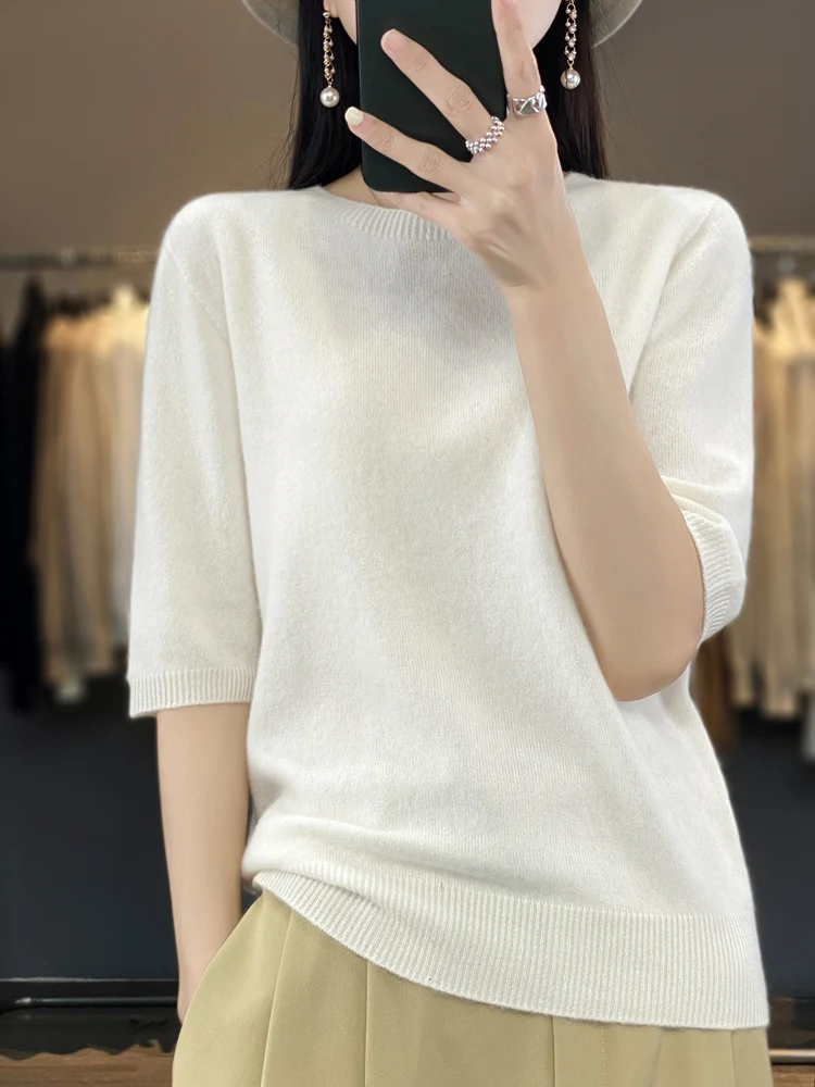 Aliselect Fashion Women Sweater 100% Merino Wool Tops Jerseys O-Neck Half Sleeve Pullover Spring Autumn Summer Clothing Knitwear