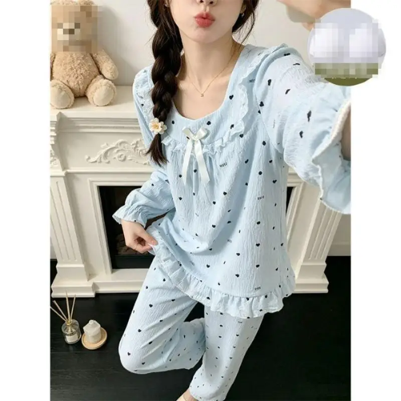 Women's Spring and Autumn Bow Long Sleeve Long Pants Pajama Set for Girls New Cotton Home Clothes Women's Fashion Two Piece Set
