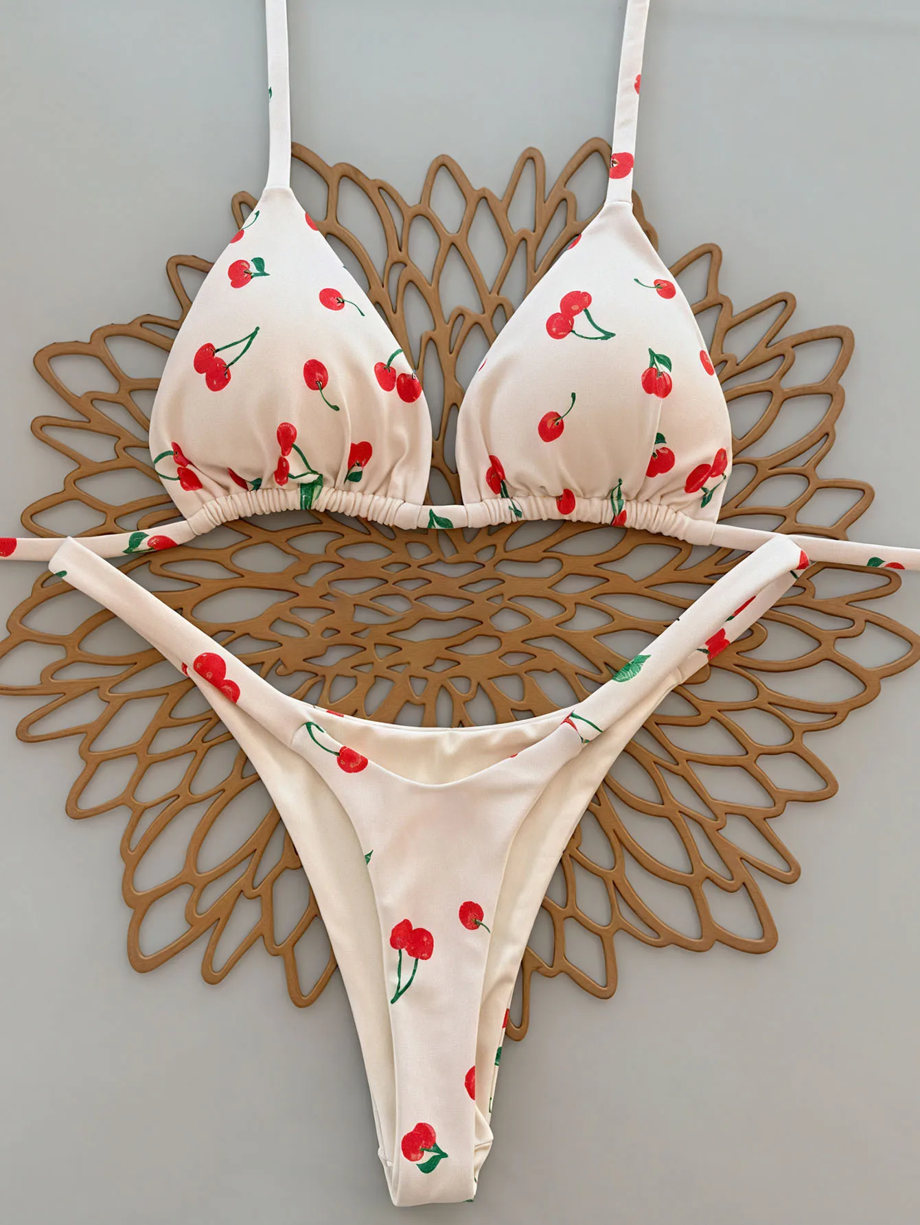 Sexy Kirschdruck Dreieck Brasilianischer Bikini Push Up Badeanzug 2-teiliger String Bandage Bikinis Bademode Damen Tanga Badeanzug