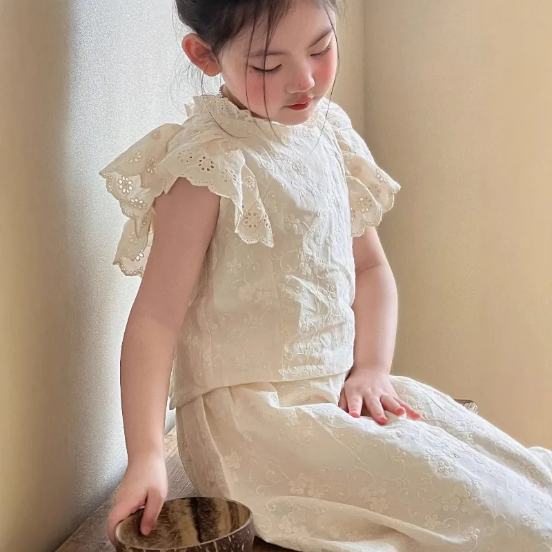 Mädchen-Kleidungsset 2026 Sommer Weiße Bluse+Röcke 2-teiliges Set für Kinder Flügelärmel-Bekleidungssets Baby-Outfits