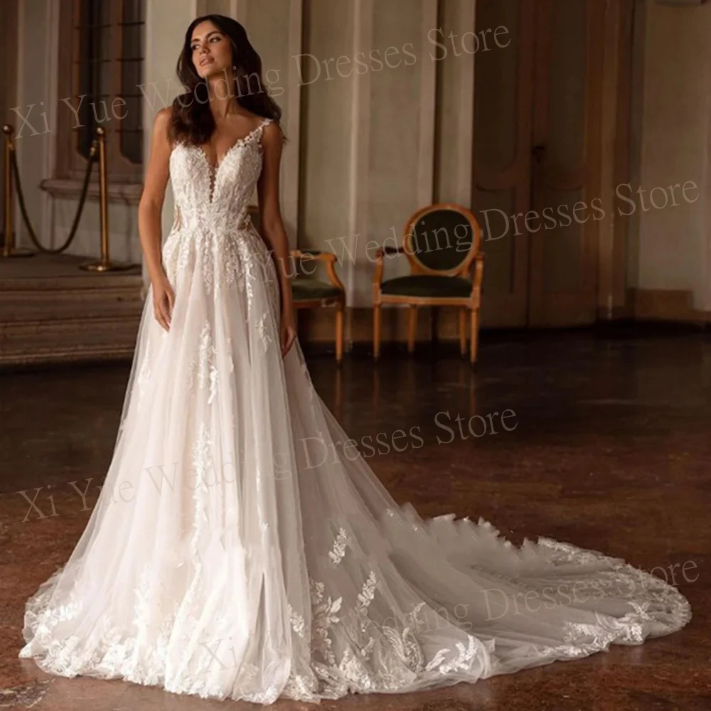 Robes de mariée A-ligne avec appliques en dentelle à col en V, robe en tulle, bretelles spaghetti, beau, exquis, quelle que soit la fibre, éducatif