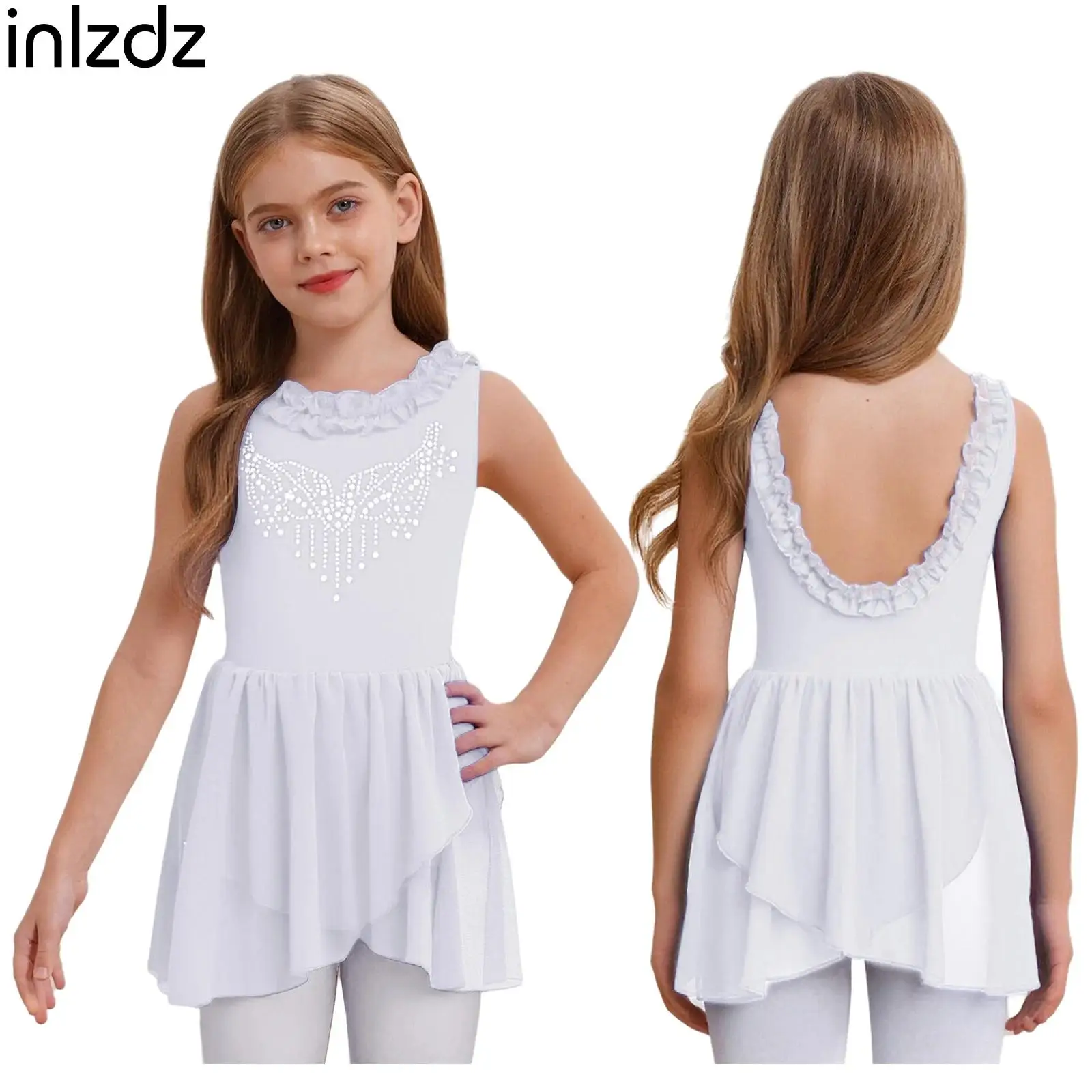 

Kids Girls Sleeveless Rhinestones Ballet Dance Dress Figure Skating Gymnastics Leotard Dress Dance Party Performance Dancewear