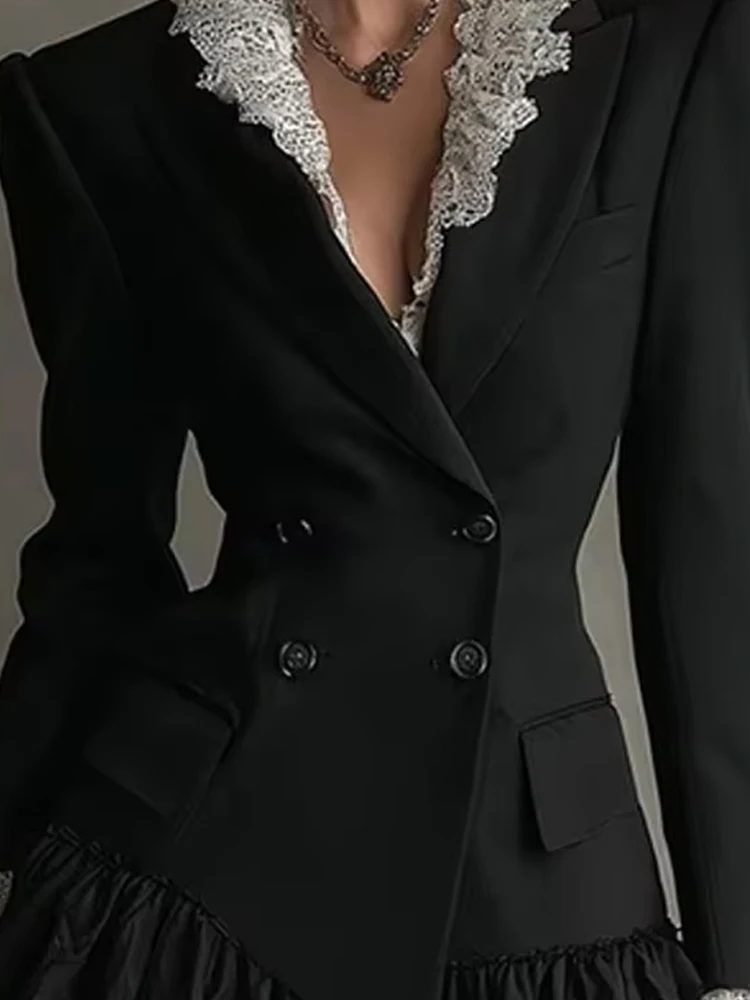 

Women Fashion Double breasted Waist A-Line Dress Casual Long Sleeve Mini Dress Elegant Lace Patchwork Color Block Blazer Dress